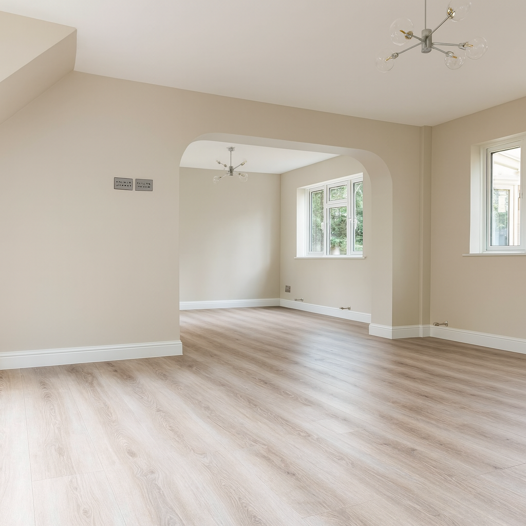 Empty renovated room with light wood flooring, beige walls, large windows, and modern ceiling lights. An arched opening separates two open-plan areas, creating a flexible, well‑lit living space.