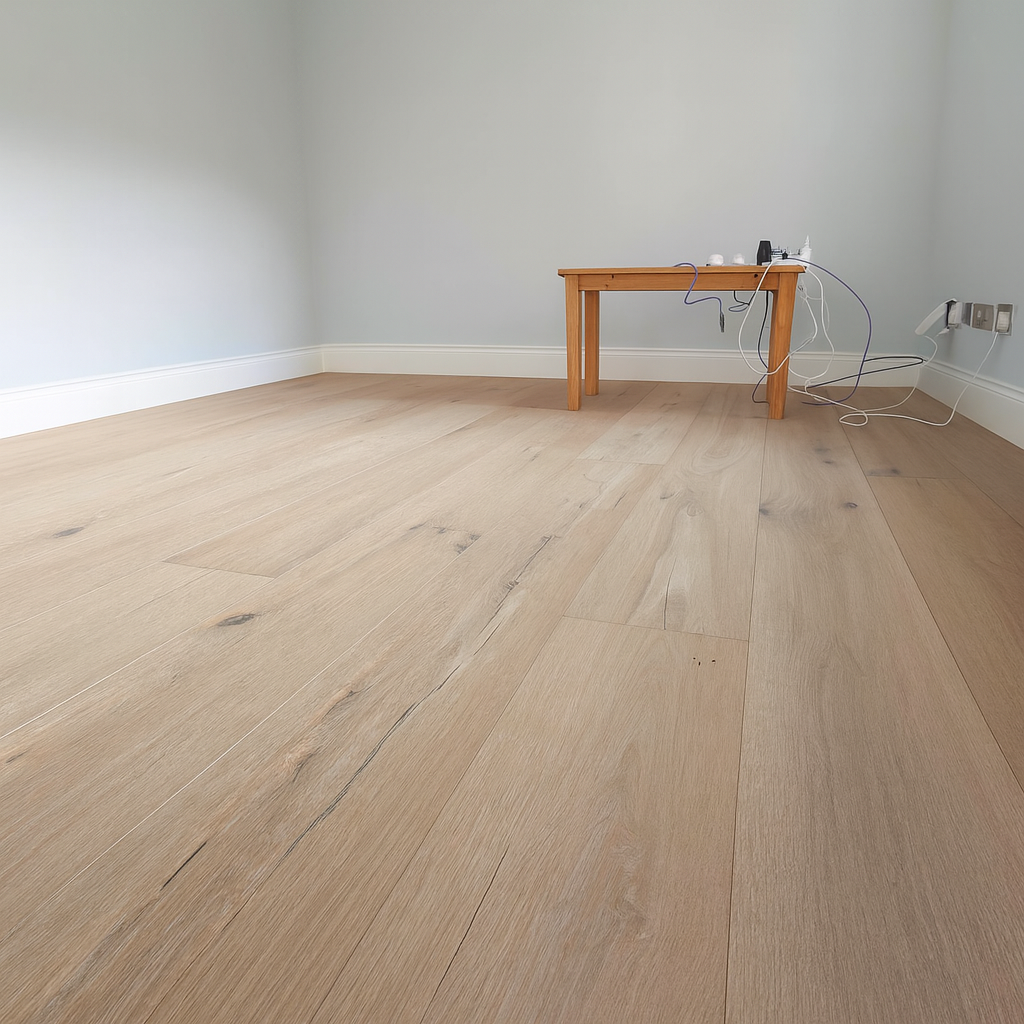 Room with rustic oak engineered wood flooring, light grey walls, white skirting boards