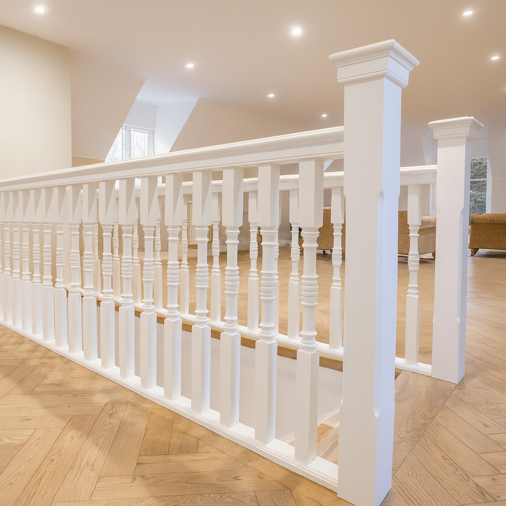 White painted wooden banister with detailed spindles and newel posts, set against herringbone wood flooring.