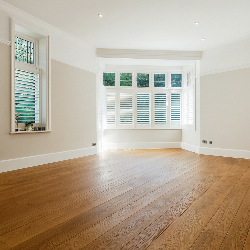Luxury renovated room with wooden flooring, white plantation shutters, recessed ceiling lights, and natural daylight streaming through large windows.