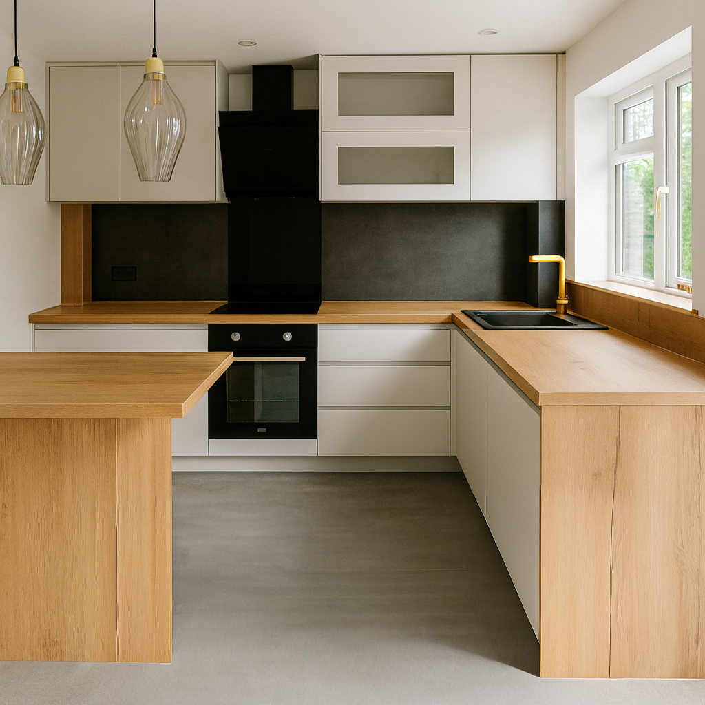 Contemporary kitchen with white cabinets, wood countertops, black backsplash, built‑in oven, black sink with gold tap, pendant lighting, and a large window providing natural light.