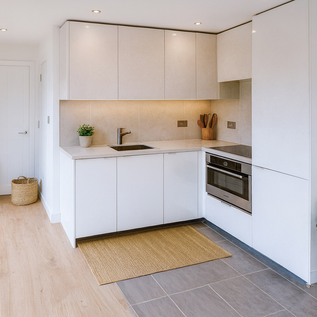 Modern kitchen with white cabinets, beige countertop and backsplash, stainless steel sink, light wood and grey flooring, recessed lighting, and minimal décor including a small plant and utensil holder.