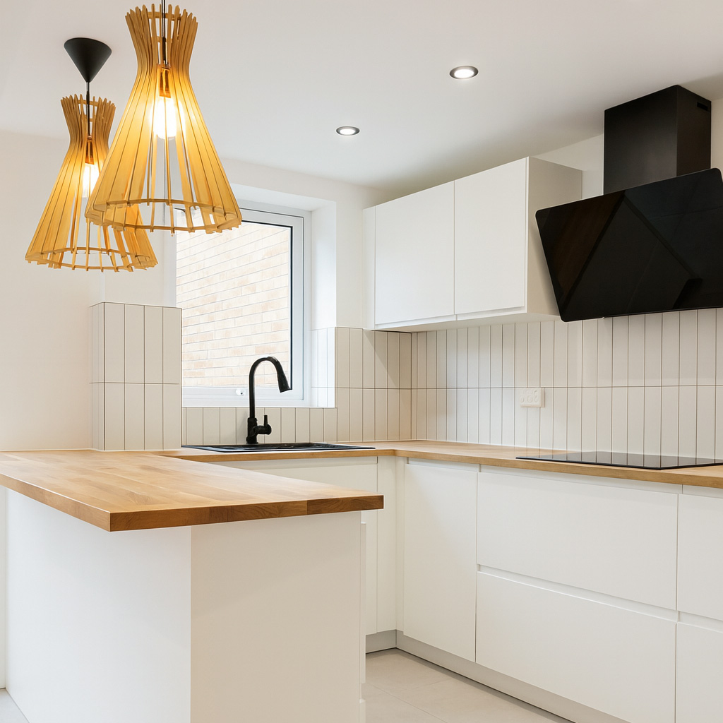 Bright modern kitchen featuring white handle‑less cabinetry, wooden countertops, vertical white tile backsplash, black faucet under a window, wooden pendant lights, and a sleek black angled cooker hood—showcasing contemporary interior design.