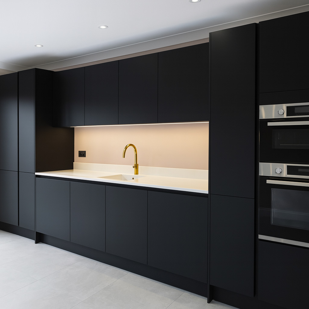Modern kitchen featuring matte‑black handle‑less cabinets, white countertop and backsplash, integrated appliances, gold faucet, and recessed lighting—highlighting high‑end, minimalist interior design.