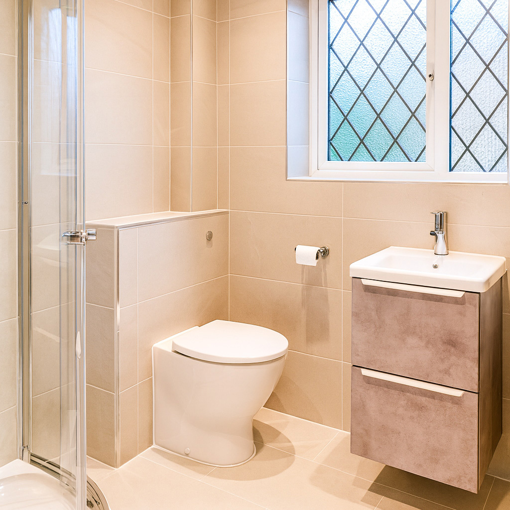 Modern bathroom with beige tiled walls and floor, white toilet with concealed cistern, white vanity unit with chrome faucet, and glass shower enclosure. Frosted window with diamond grid pattern allows natural light while maintaining privacy. Clean, minimalist layout.
