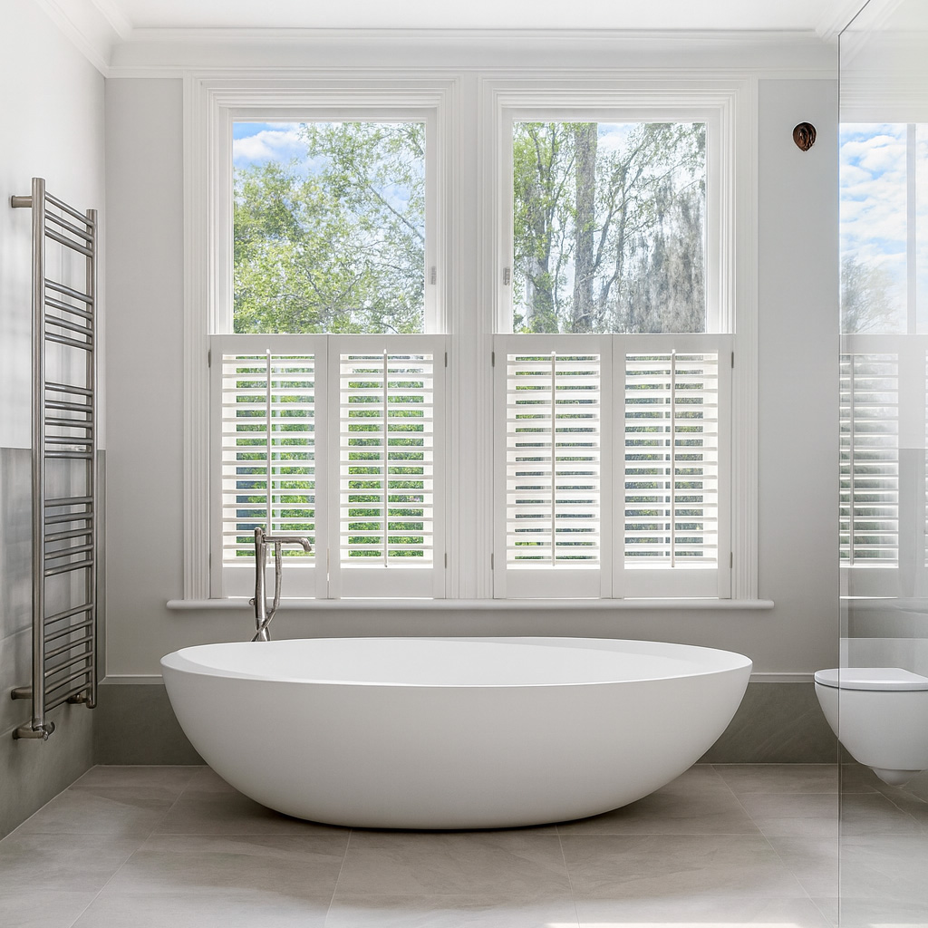 Modern luxury bathroom with a freestanding oval bathtub, large window with white shutters, heated towel rail, light stone flooring, and contemporary fixtures.