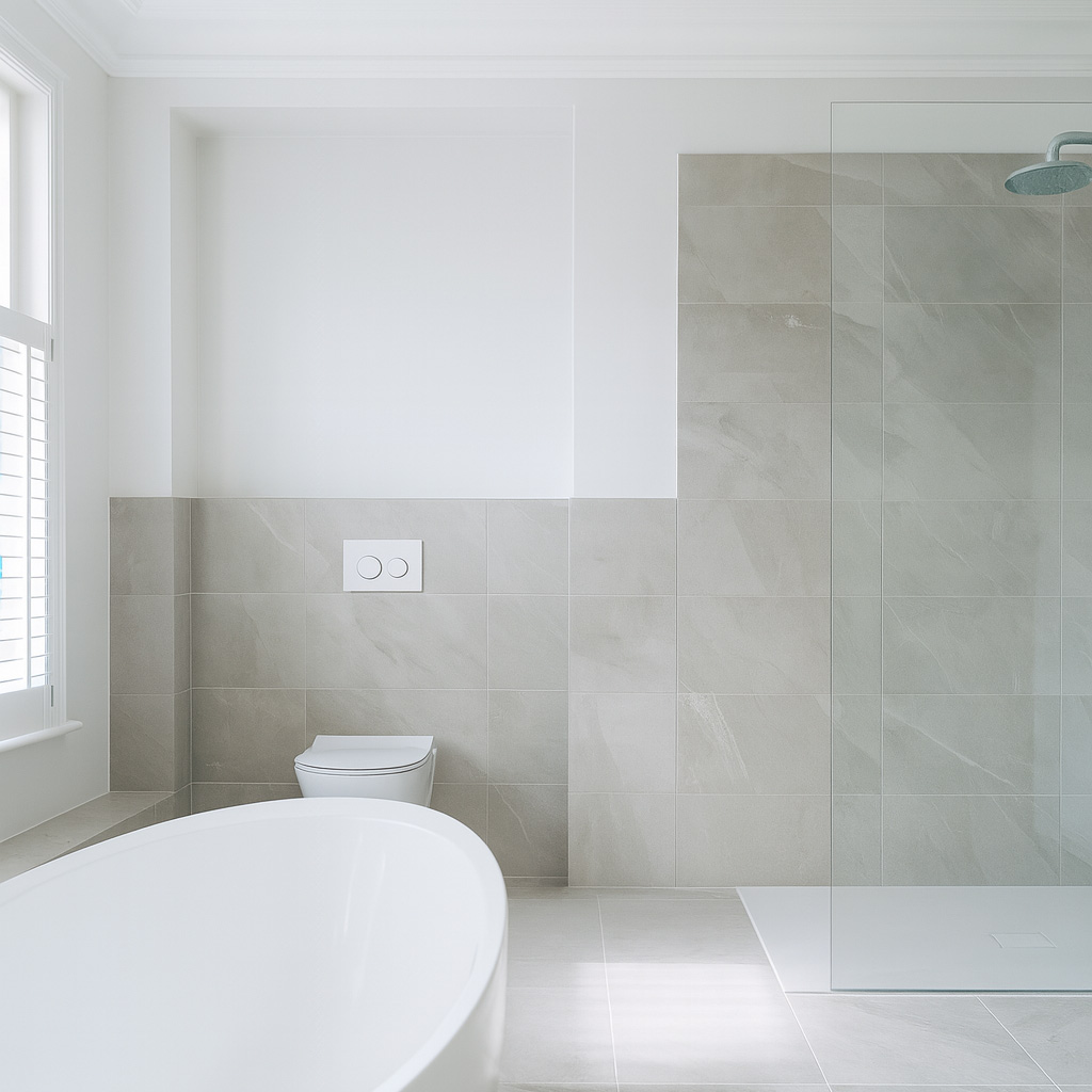 Modern bathroom with light gray tiled walls and floor, white freestanding bathtub, wall-mounted toilet, and glass-partitioned walk-in shower. Sunlight filters through white shutters, creating a bright and airy atmosphere.