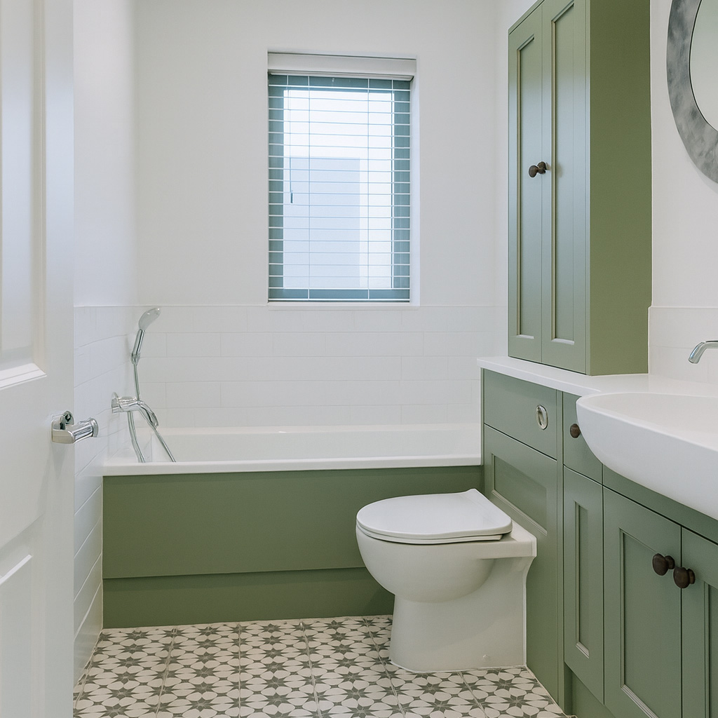 Modern bathroom with sage green cabinets, white bathtub, wall-mounted toilet, and black-and-white star-patterned floor tiles. Space is bright, minimalist, and professionally styled with no visible clutter.